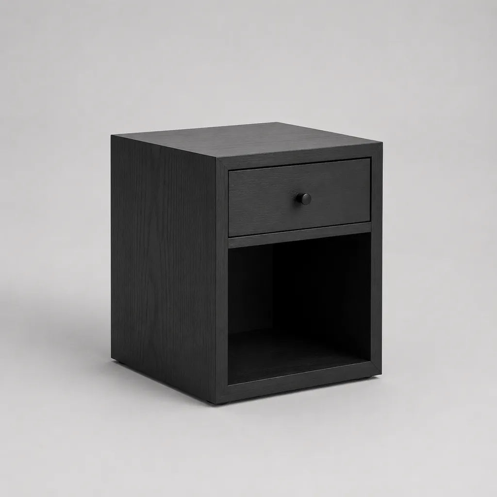 MDF comodino nero con cassetto e nicchia aperta, 40 × 35 × 55 cm