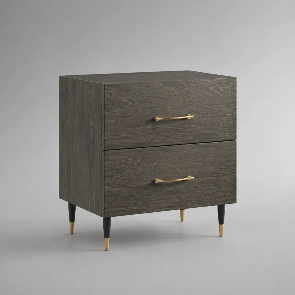 Comodino rettangolare con 2 cassetti MDF melamine grigio rovere scuro, nero e dorato, 45 × 40 × 60 cm