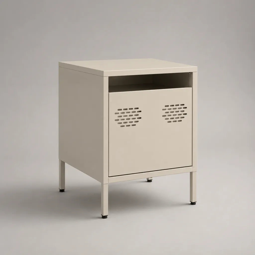 Comodino in acciaio beige con nicchia aperta e porta ventilata, 40 × 35 × 60 cm