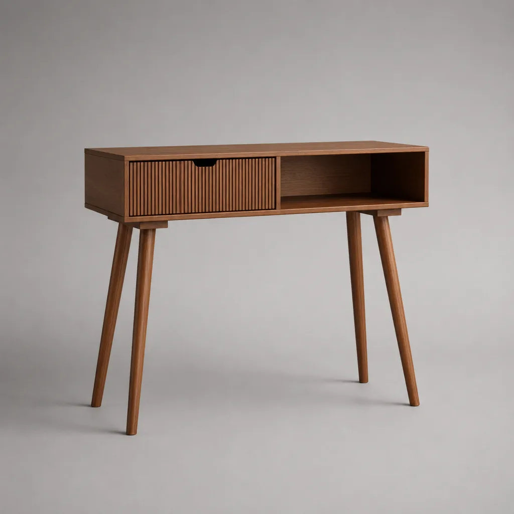 Consolle rettangolare di noce marrone con cassetto e nicchia, 100 × 35 × 80 cm, noce placcata MDF e eva massiccia
