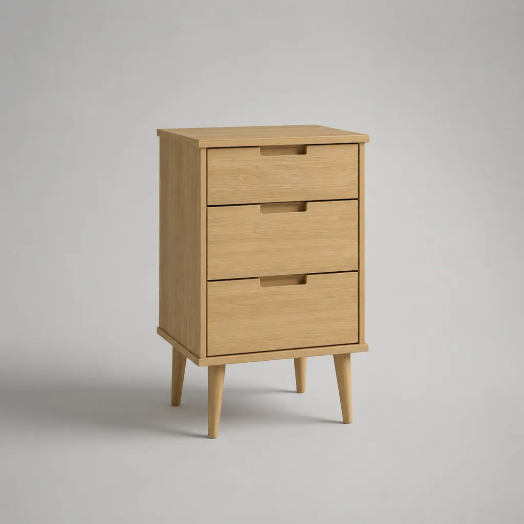 Comodino rettangolare alto con 3 cassetti in rovere MDF e legno massello, rovere naturale, 45 × 35 × 75 cm