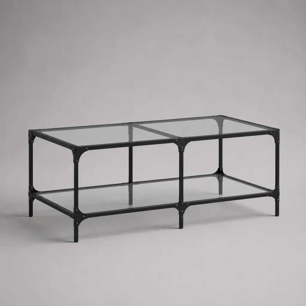 Tavolino rettangolare con doppio vassoio in vetro e telaio in acciaio nero, 110 × 60 × 50 cm
