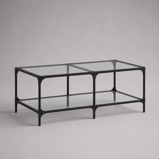 Tavolino rettangolare con doppio vassoio in vetro e telaio in acciaio nero, 110 × 60 × 50 cm