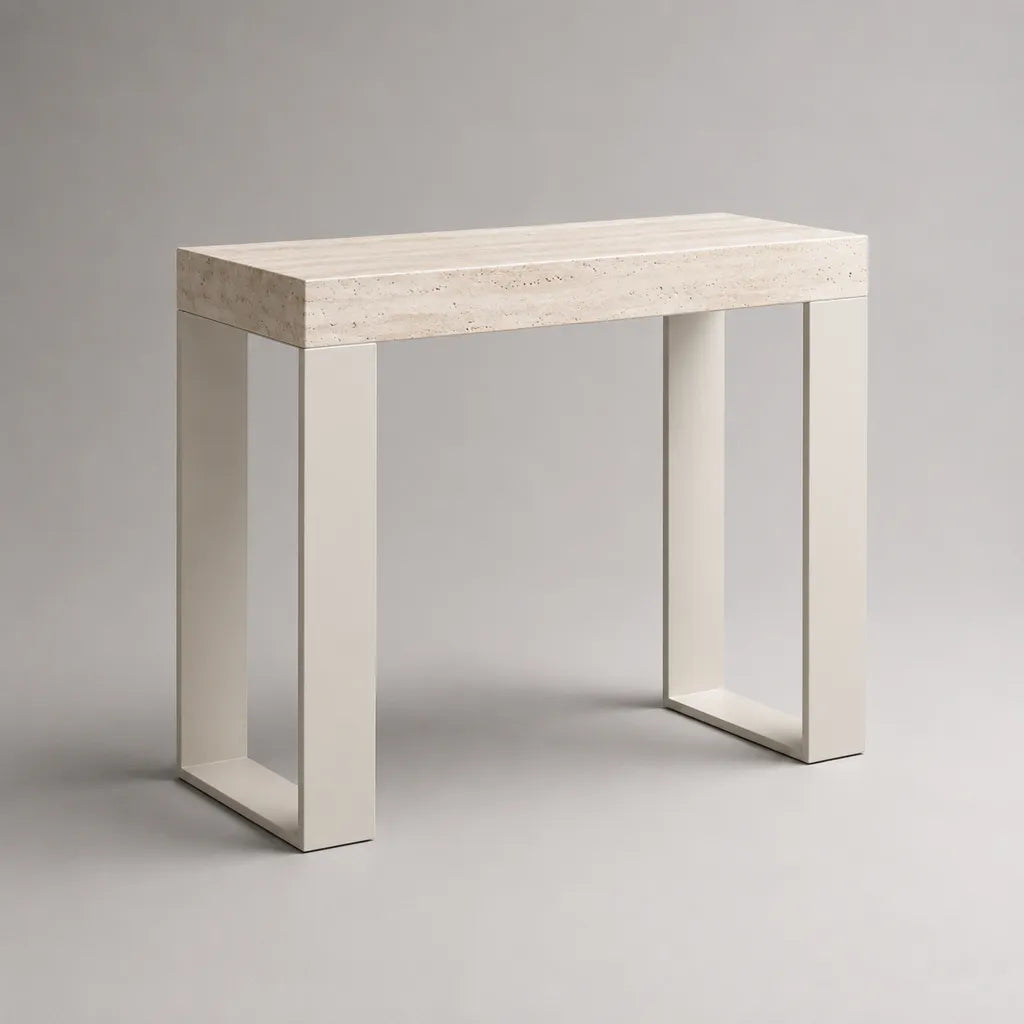 Console rettangolare in travertino naturale e acciaio, beige chiaro e bianco rotto, 100 × 30 × 80 cm
