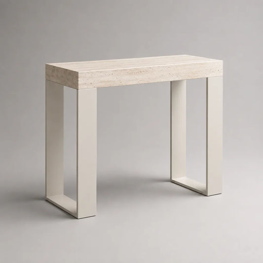 Console rettangolare in travertino naturale e acciaio, beige chiaro e bianco rotto, 100 × 30 × 80 cm