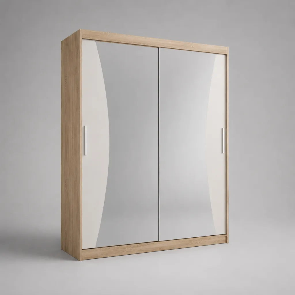 Armadio scorrevole a 2 porte con specchi a particelle, rovere chiaro, bianco e argento, 180 × 60 × 220 cm