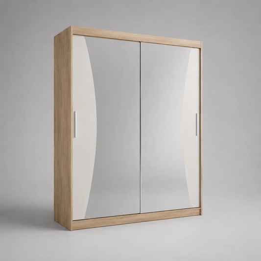 Armadio scorrevole a 2 porte con specchi a particelle, rovere chiaro, bianco e argento, 180 × 60 × 220 cm