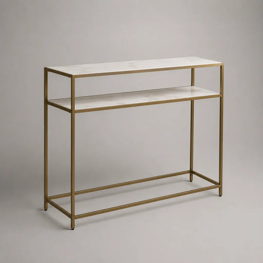 Console rettangolare da tavolo con 2 vassoi in effetto marmo bianco MDF e struttura in acciaio oro, 100 × 30 × 80 cm