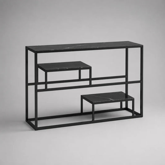 Tavolo rettangolare in acciaio e console in legno, 2 ripiani, effetto marmo nero, 120 × 30 × 80 cm