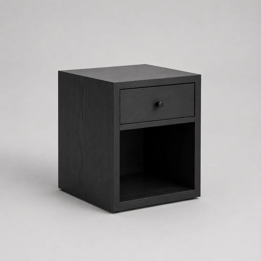 MDF comodino nero con cassetto e nicchia aperta, 40 × 35 × 55 cm