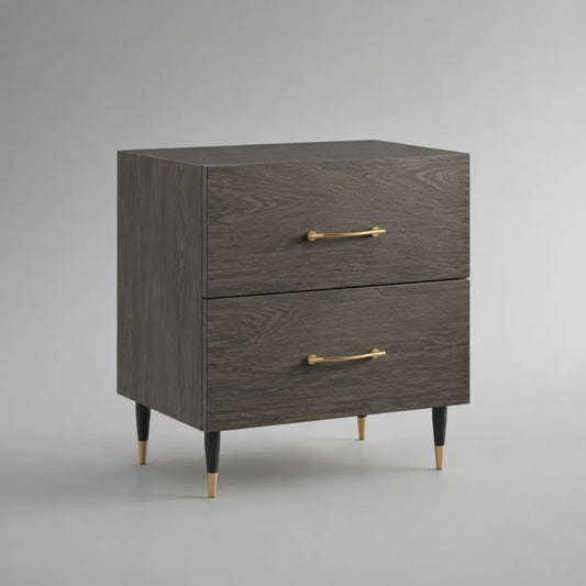 Comodino rettangolare con 2 cassetti MDF melamine grigio rovere scuro, nero e dorato, 45 × 40 × 60 cm