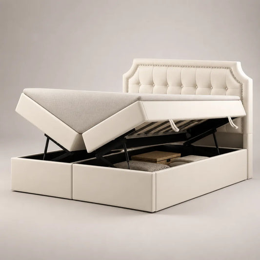 Letto petto doppio 160 × 200 cm in pelle bianca rotta e tessuto beige leggero con piano letto con latte rimovibile e testa letto imbottita