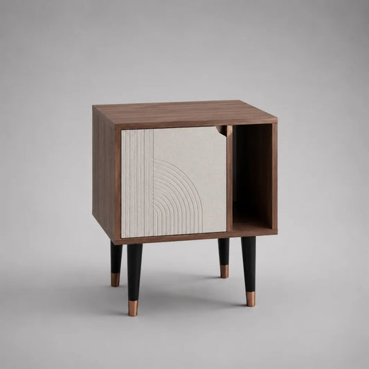 Comodino rettangolare in legno con porta e nicchia, marrone noce, beige, nero e rame, 50 × 35 × 60 cm