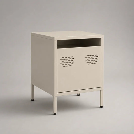 Comodino in acciaio beige con nicchia aperta e porta ventilata, 40 × 35 × 60 cm