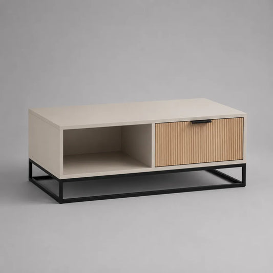 Tavolino rettangolare in legno e metallo con cassetto e nicchia, bianco, chiaro e nero, 100 × 50 × 45 cm
