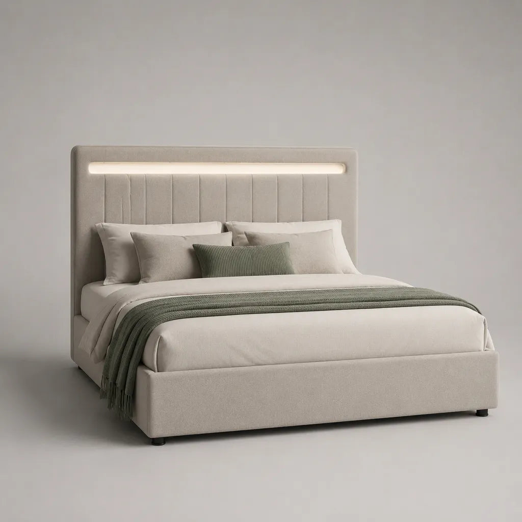 160 × 200 cm letto petto doppio in tessuto beige con testa letto imbottita, illuminazione a LED e letto con latte