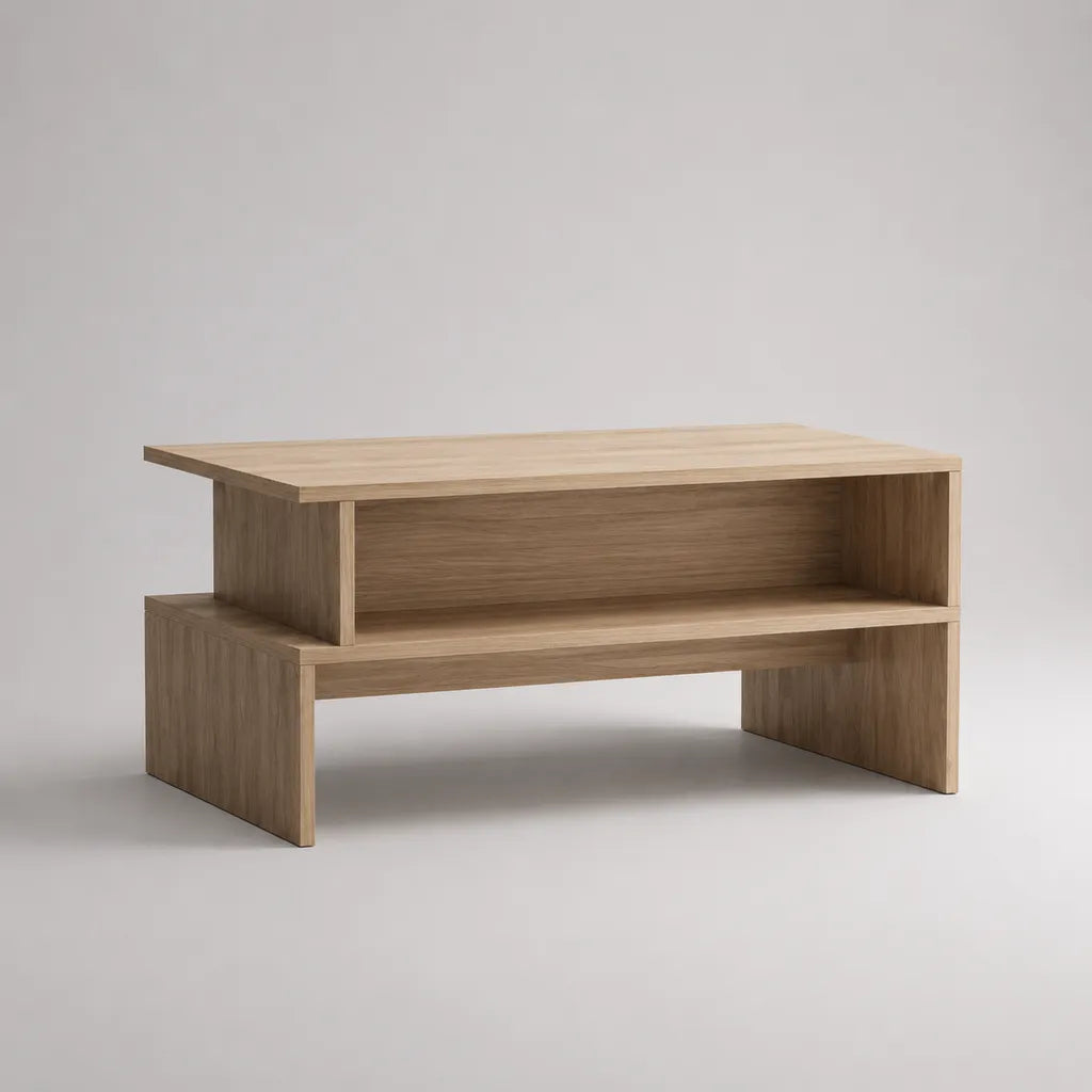 Tavolino rettangolare con ripiano aperto in pannelli a particelle, decorazione in rovere leggero, 100 × 50 × 50 cm