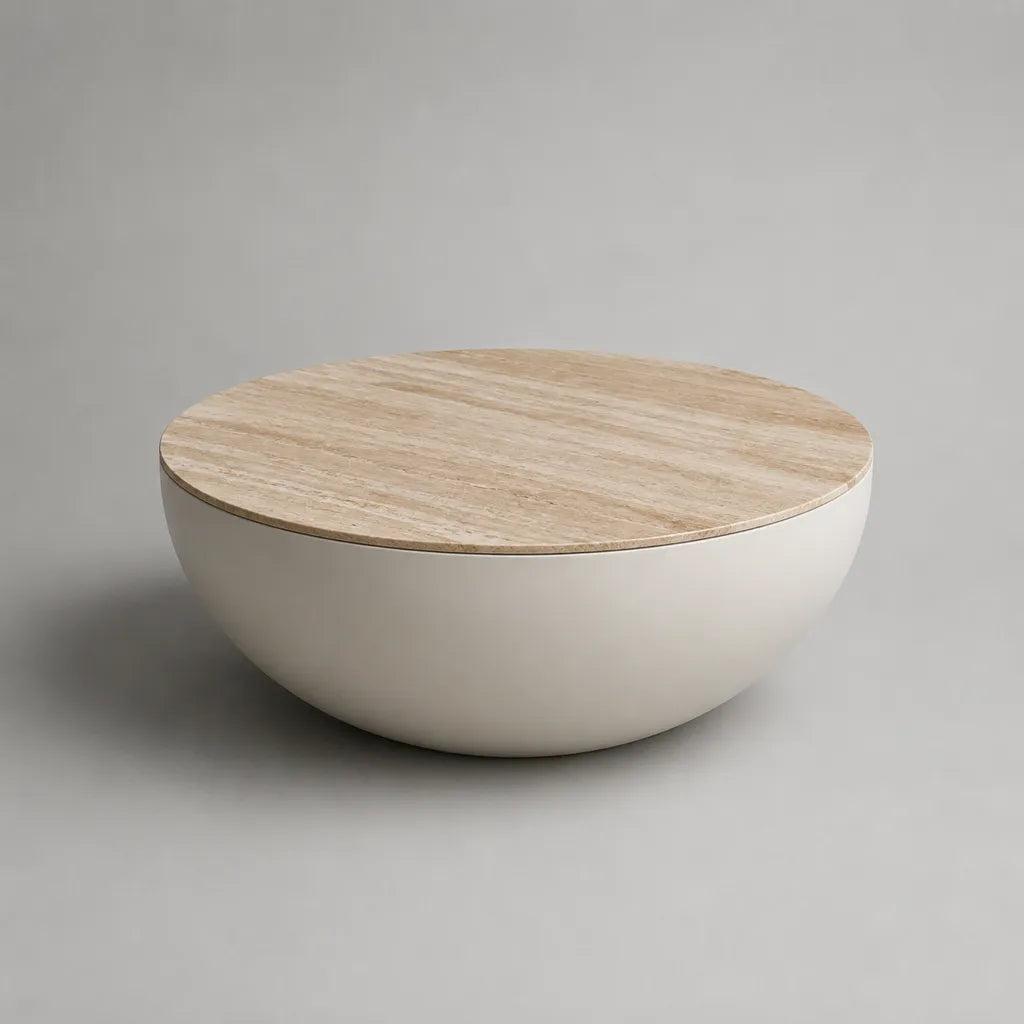 Tavolo rotondo in travertino e fibra di vetro, beige e bianco panna, Ø 90 × H 32 cm