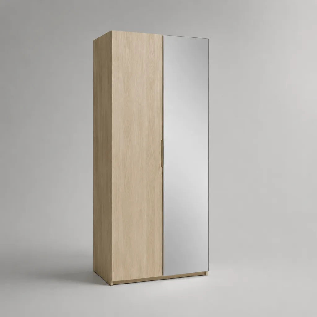 Set di 2 pezzi – Armadio rettangolare in legno con specchio, rovere chiaro e argento, 80 × 52 × 190 cm