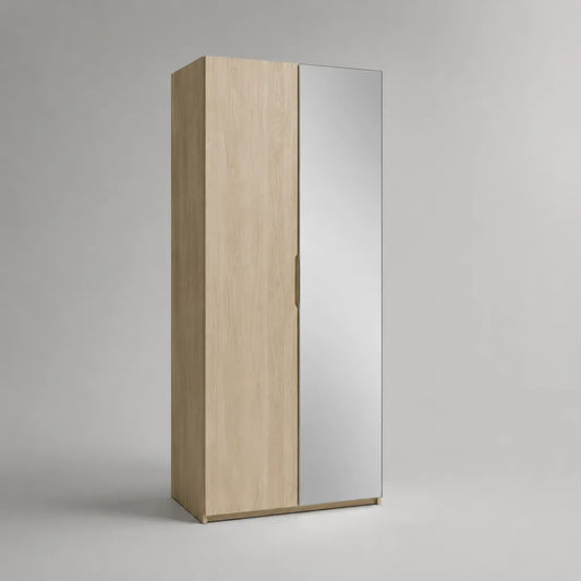 Set di 2 pezzi – Armadio rettangolare in legno con specchio, rovere chiaro e argento, 80 × 52 × 190 cm