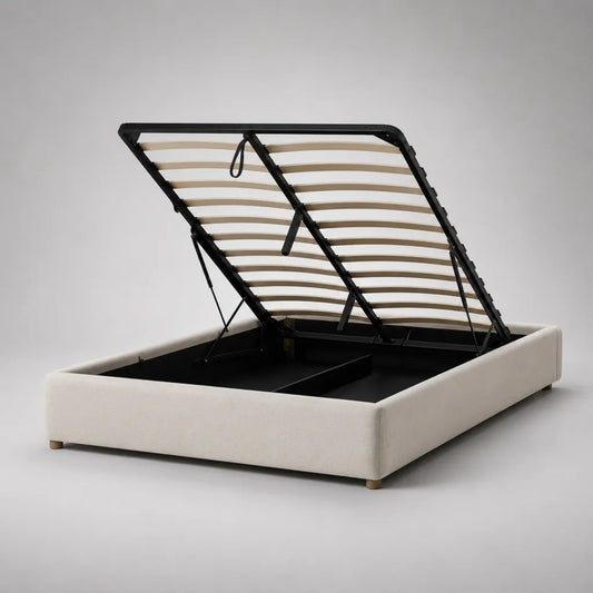 Letto doppio cassetto beige 160 × 200 cm in tessuto con lettino e telaio in acciaio, 208 × 168 × 35 cm