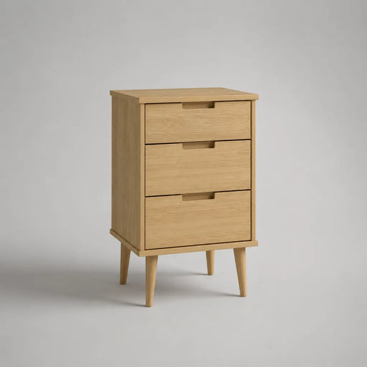 Comodino rettangolare alto con 3 cassetti in rovere MDF e legno massello, rovere naturale, 45 × 35 × 75 cm